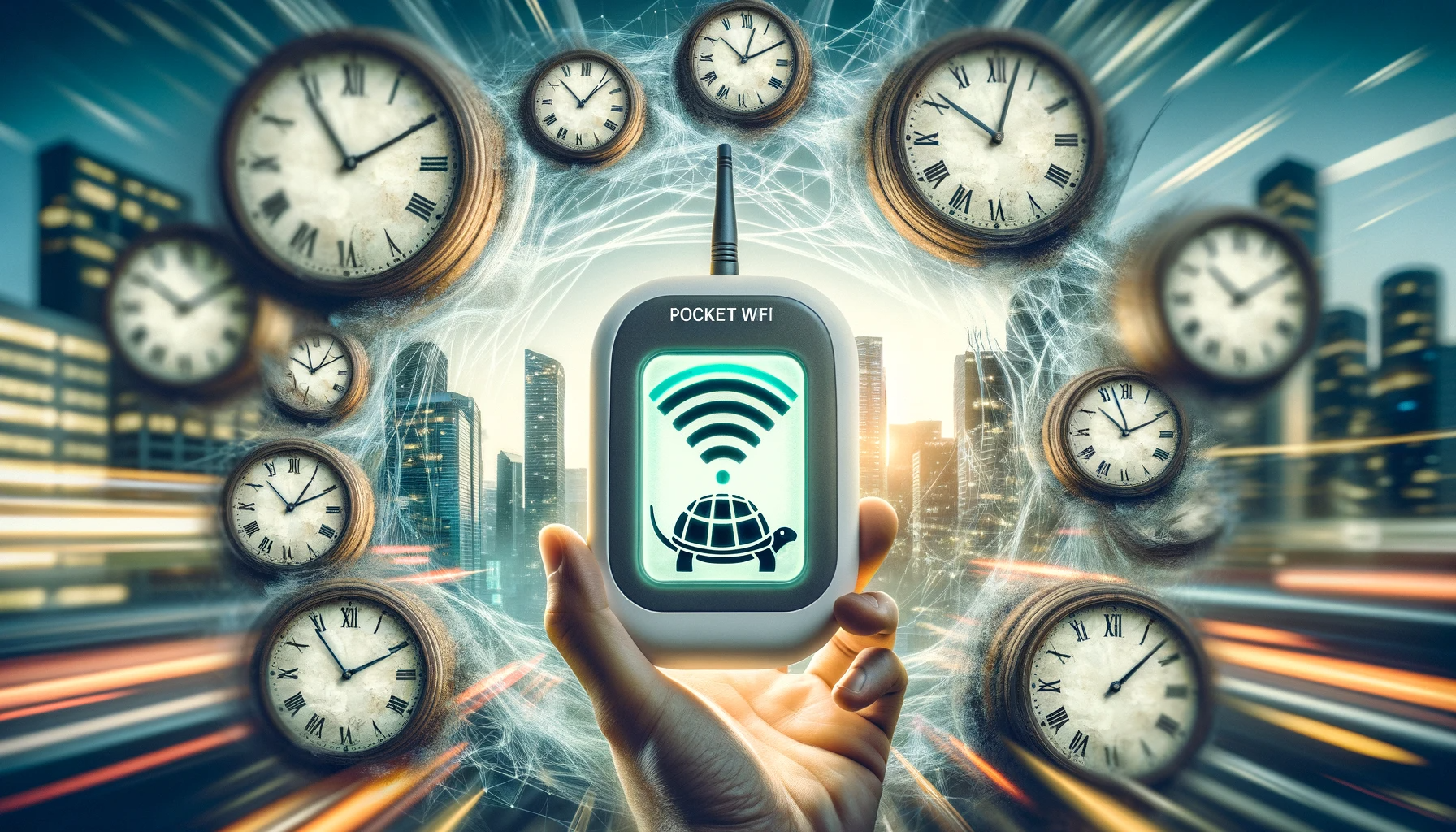 DALL·E 2024-01-19 17.03.17 - A digital artwork showing a pocket WiFi device with a slow speed indicator on its screen, surrounded by a series of clocks with their hands moving rap