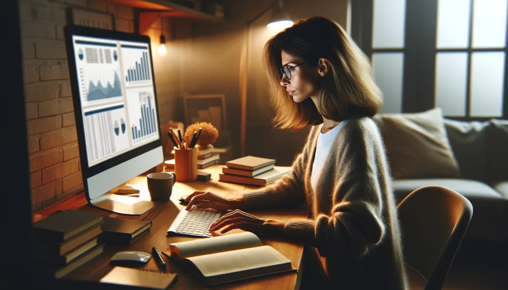 女性がデスクトップパソコンで調べ物をしているイラスト画像