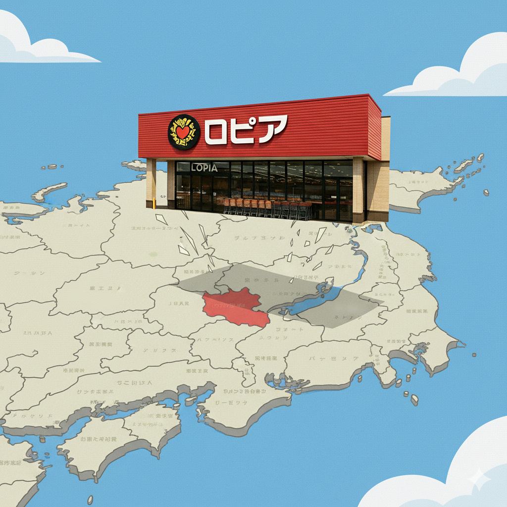 ロピアの店舗が日本地図の滋賀県に向けて降りてくるユニークな画像。