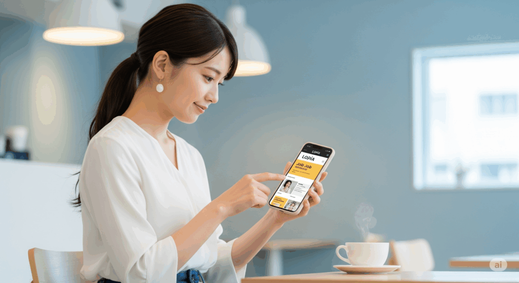 スマホでロピアの求人を検索している女性