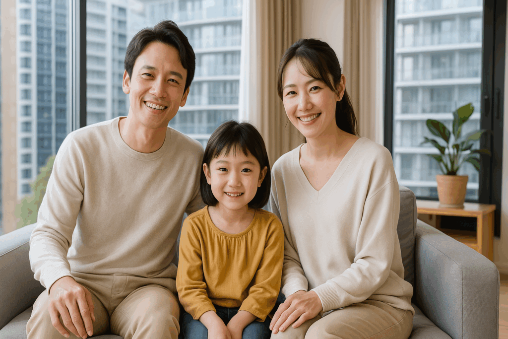 タワーマンションで快適に暮らしている家族の画像