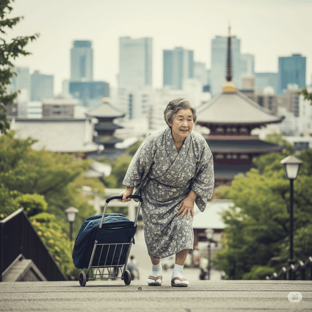 お洒落な街並みを背景に、ショッピングカートを引きながら坂道を辛そうに歩く日本人女性の画像