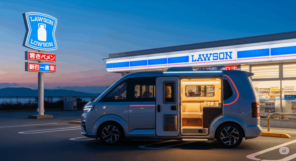 ローソン駐車場での車中泊をイメージしたアイキャッチ画像