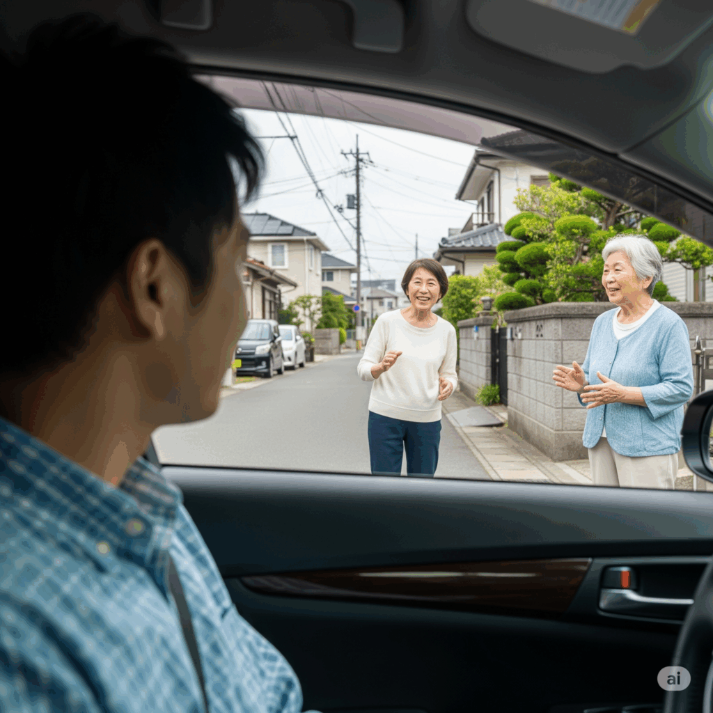 息子さんが車から楽しそうに会話しているお母さんとおばちゃんを見ている様子です。