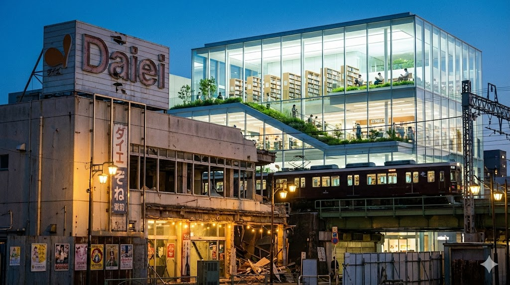 54年間、地域の生活を支えたダイエー曽根店の記憶と、2029年度に誕生する「（仮称）中央図書館」が交差する。過去を大切にしながら、曽根の街は新たな未来へと歩み出します。（※AI生成によるイメージ図）