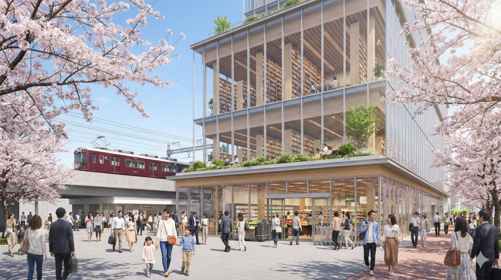 「2029年度に誕生予定の（仮称）中央図書館と商業施設が融合した新ビルのイメージ。桜が舞う曽根駅前に、新たな地域の拠点が誕生します（※AI生成による完成予想イメージ）」