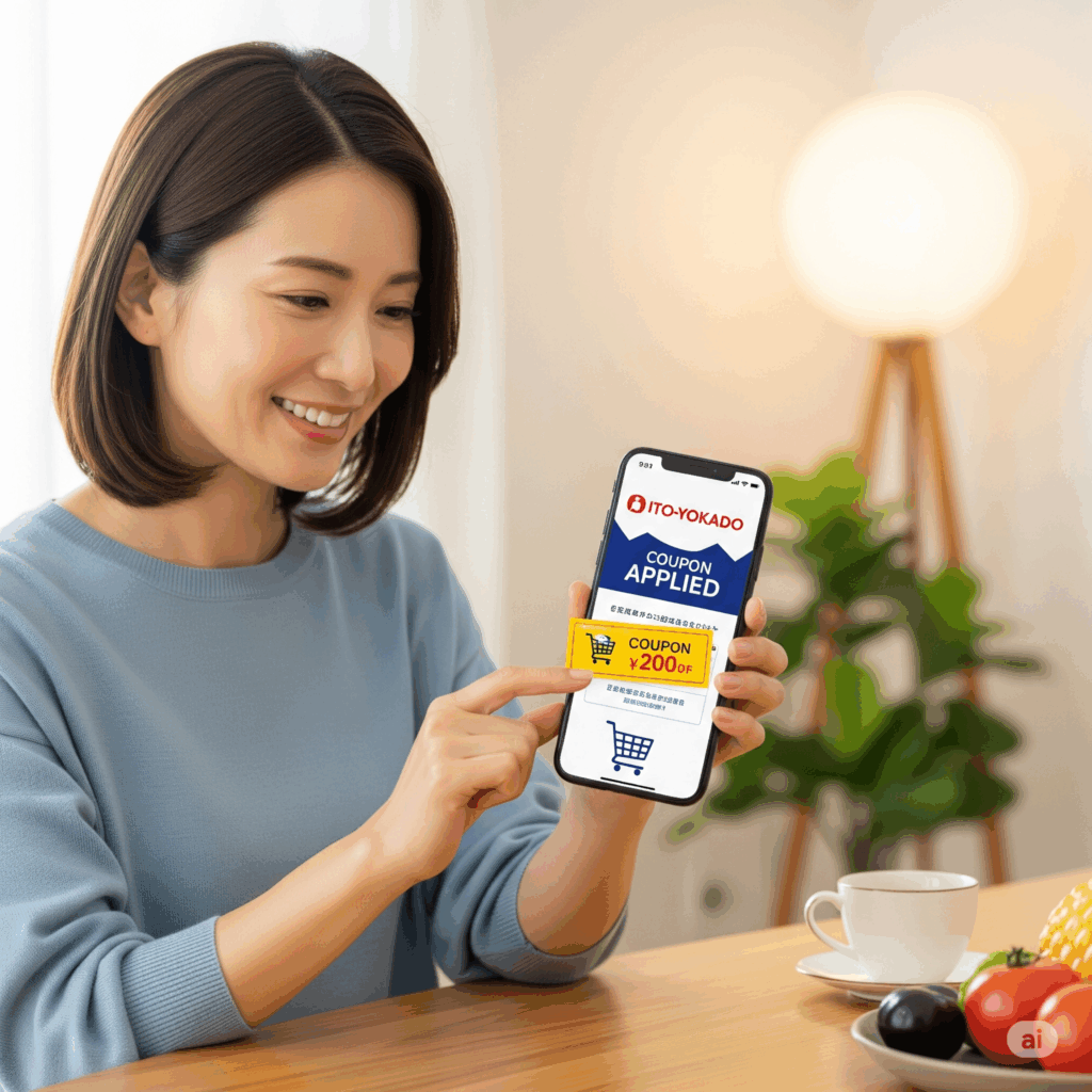 イトーヨーカドーのネットスーパーのクーポンを使って喜んでいる日本人女性の画像