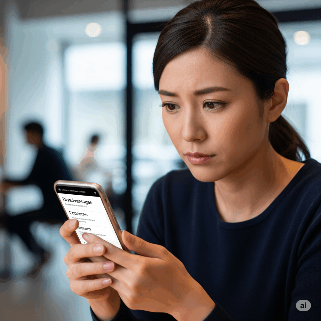 スマホを見ながら、イトーヨーカドーネットスーパーbyONIGOの気になる点を考えている様子の画像