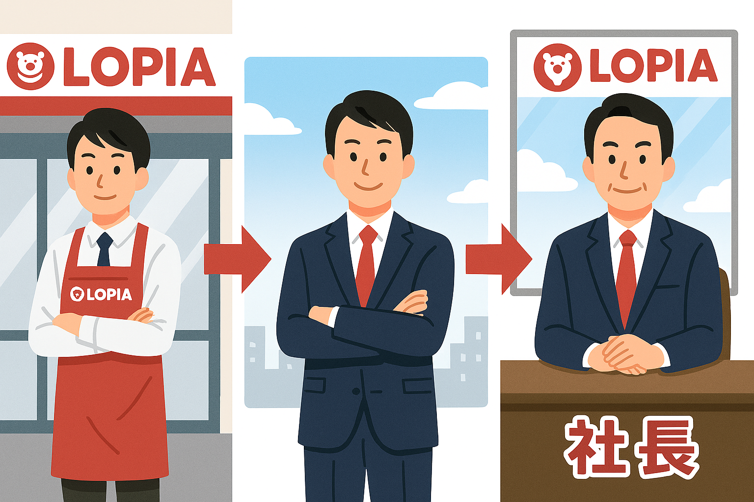 ロピアに就職し、若手が社長に成長していくイメージ画像