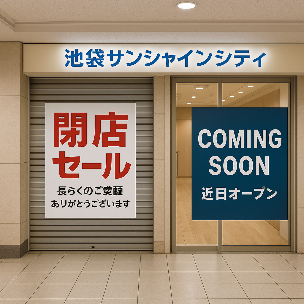 池袋サンシャインシティから閉店していく店とオープンする店が入れ替わる様子イメージした画像
