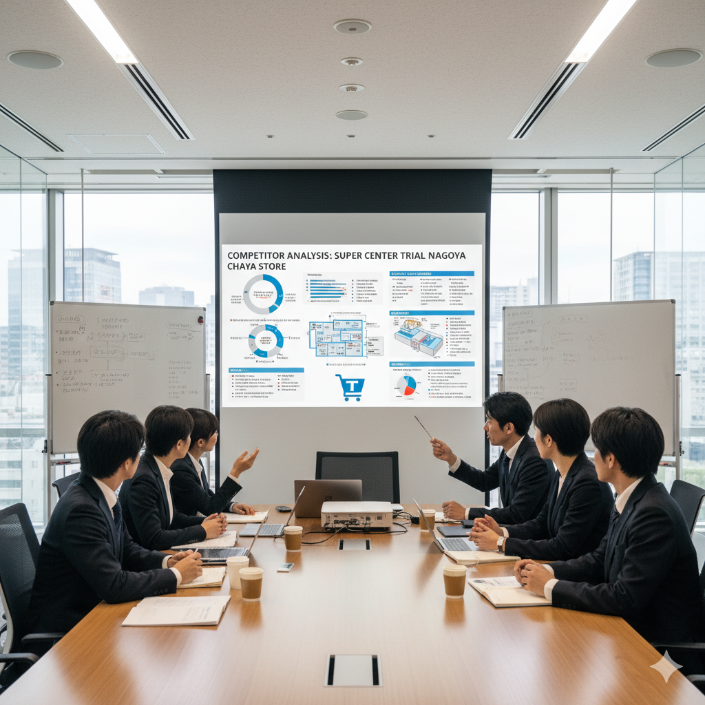 会議室で最大のライバル「スーパーセンタートライアル 名古屋茶屋店」の徹底解剖・分析をしている画像