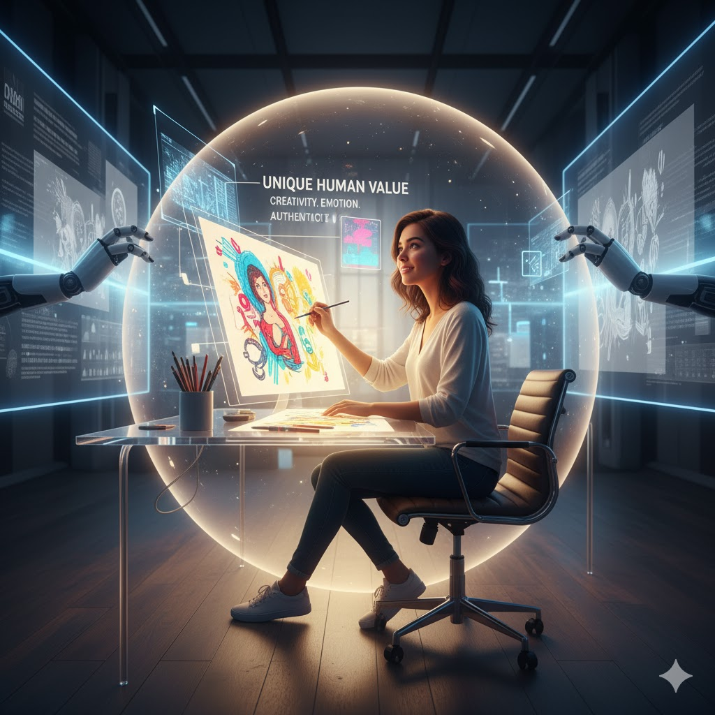 AI時代において、ブロガーが生き残るための唯一の道は、AIが模倣できない人間独自の価値を最大限に活用することを、イメージした画像