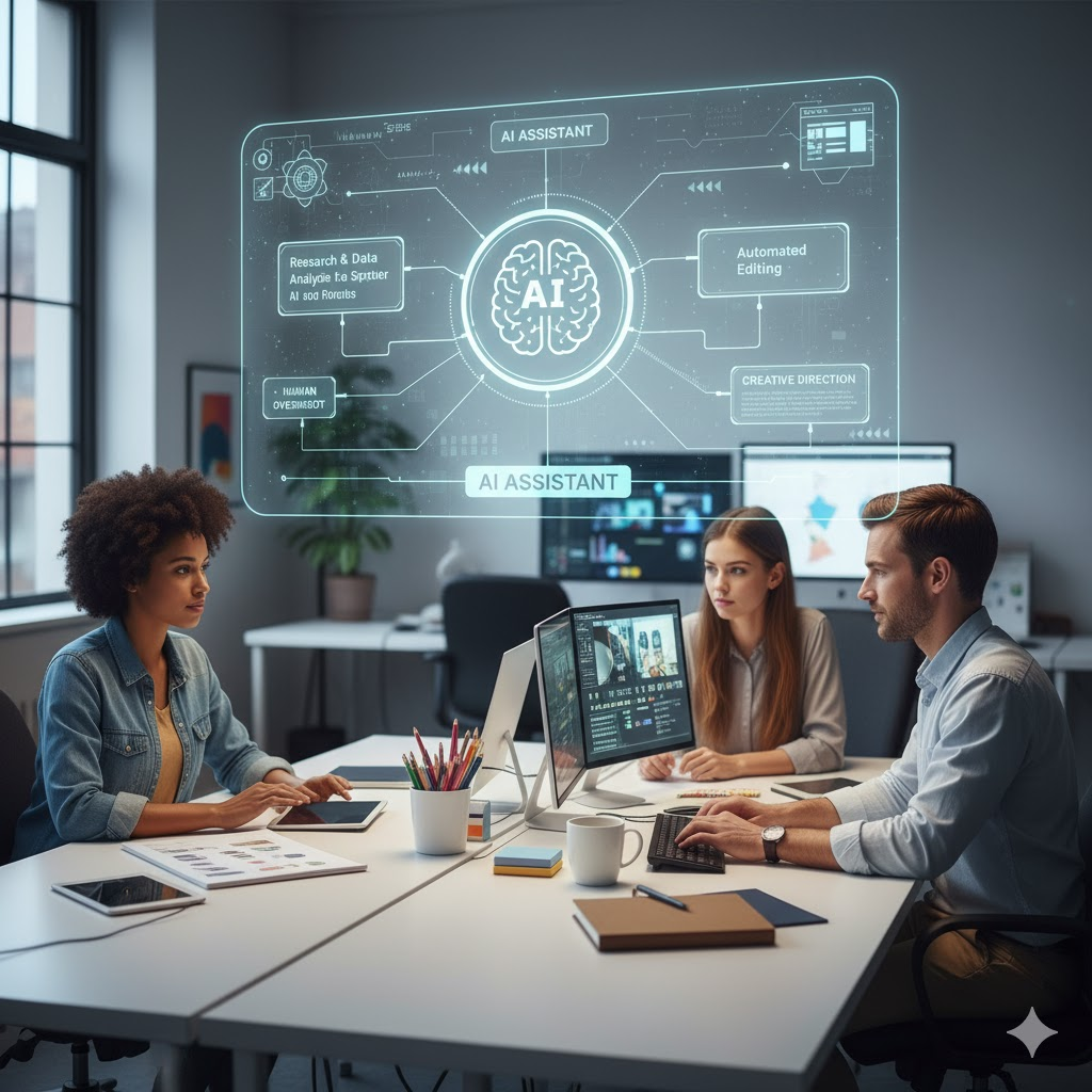 AIを人間の創造性や判断力の代替ではなく、強力なアシスタントとしてワークフローに効果的かつ責任を持って統合するための、実践的な手法を解説しているイメージ画像。