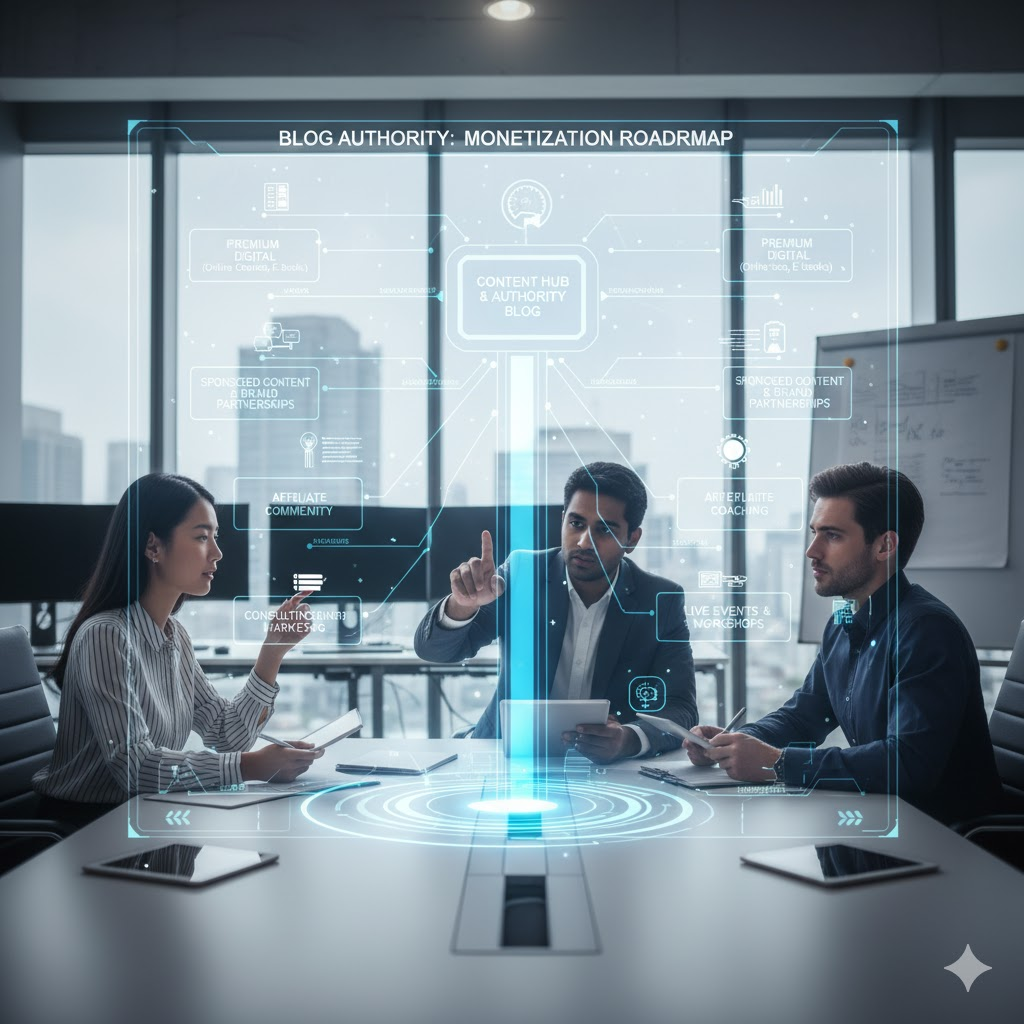 ブログが持つ権威性を基盤として、複数の高価値な収益源を構築するための詳細なロードマップを提示しているイメージ画像。