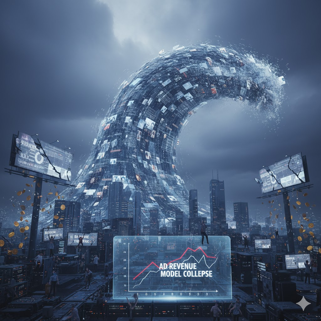 AIが生成する均質化された情報の洪水の中で、従来のSEO戦略は急速に陳腐化し、広告収益モデルは崩壊の危機に瀕しているイメージ画像。