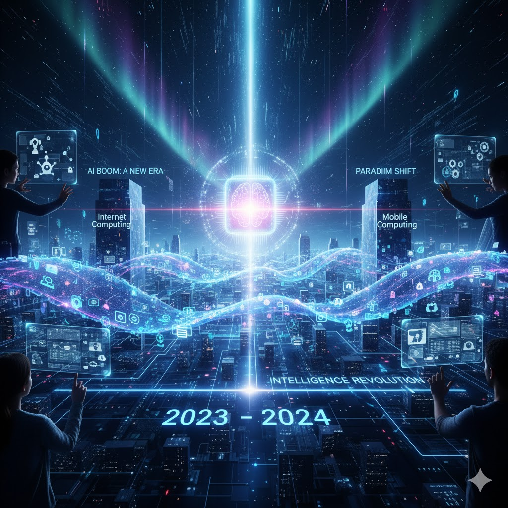2023年から2024年にかけてのAIブームは、単なる一時的なトレンドではなく、インターネットやモバイルコンピューティングの登場に匹敵する、テクノロジーの根本的なパラダイムシフトの始まりをイメージした画像
