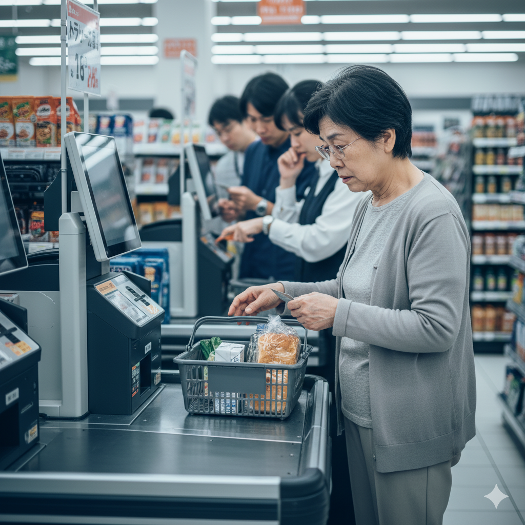 スーパーのセルフレジの前で立ち尽くす。背後には会計を待つ人の列ができている。「迷惑をかけたくない」。その焦りが、指先をさらに戸惑わせる日本人女性