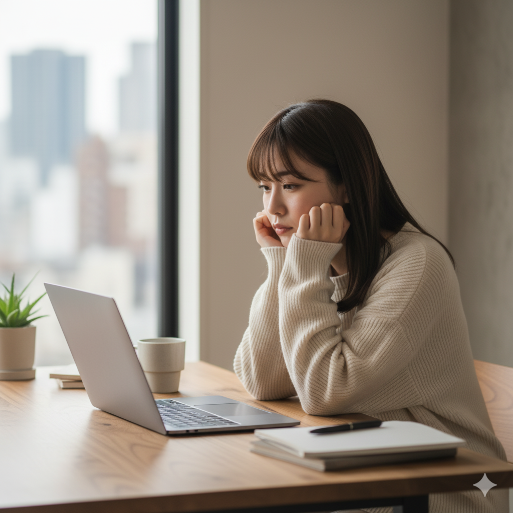 パソコンの前でテーブルに肘を付け顎に手のひらを当てながら考えている女性。