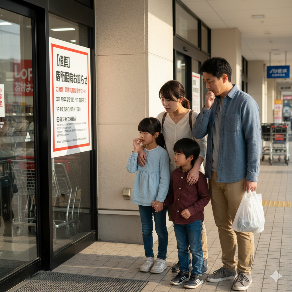 ロピアの店舗入り口の横に貼ってある「お知らせのポスター」に書かれている閉店のお知らせを読んで、がっかりしている日本人の若い4人家族。