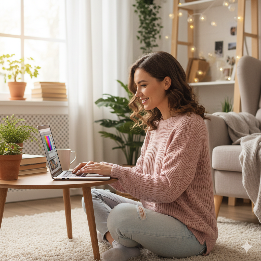 自宅の部屋でノートパソコンを操作している20代の可愛い女性の画像