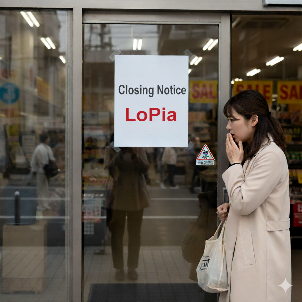 ロピアの閉店のお知らせを見てがっかりする日本人女性の画像