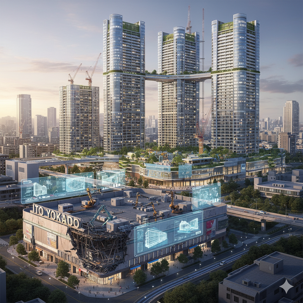 駅周辺の再開発が行われている中で、イトーヨーカドーが解体され、460戸の大型マンションに変わっていく様子を描いた近未来的な画像