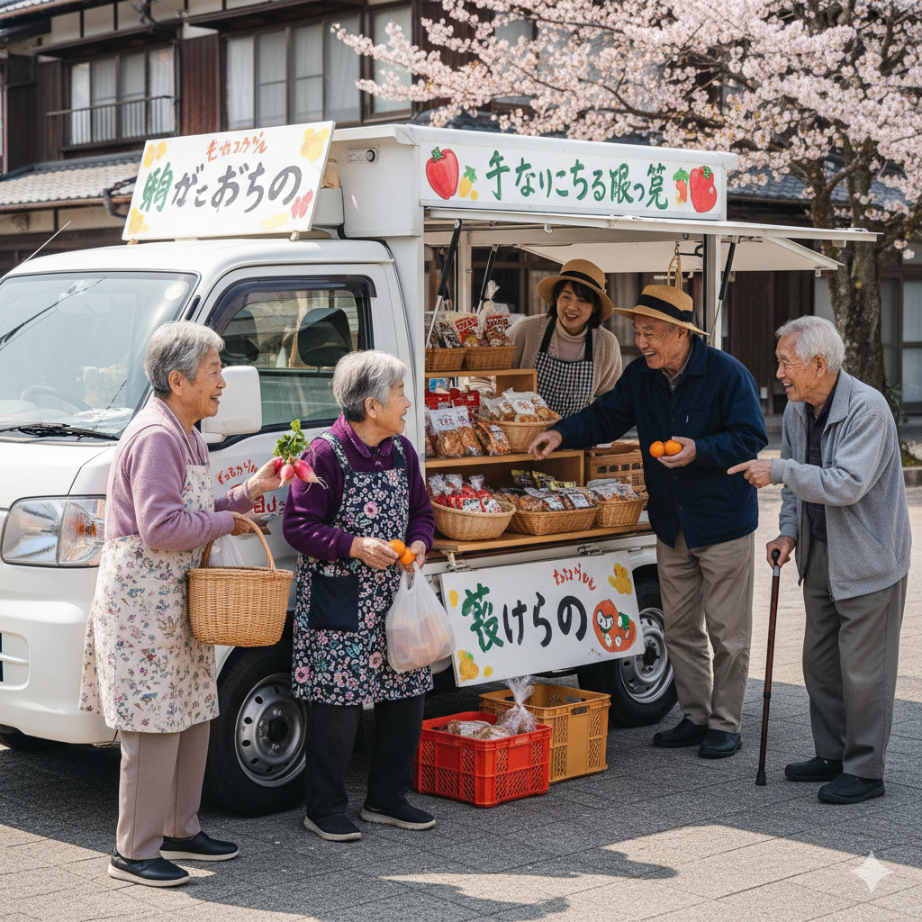軽自動車の移動販売で、楽しく買い物を楽しんでいる日本人の高齢者を描いた画像
