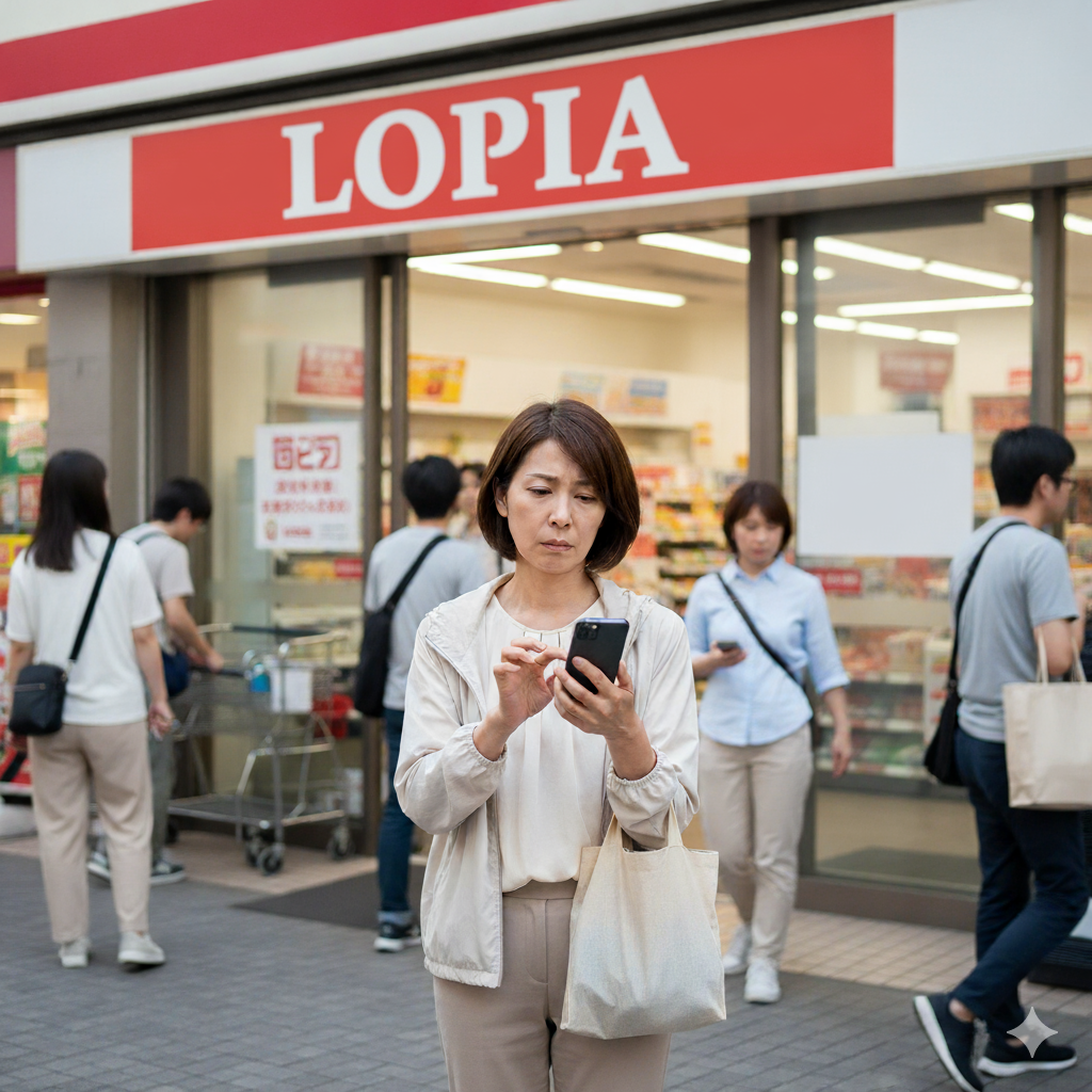 ロピア以外の店舗をスマホで検索している中年の日本人女性。