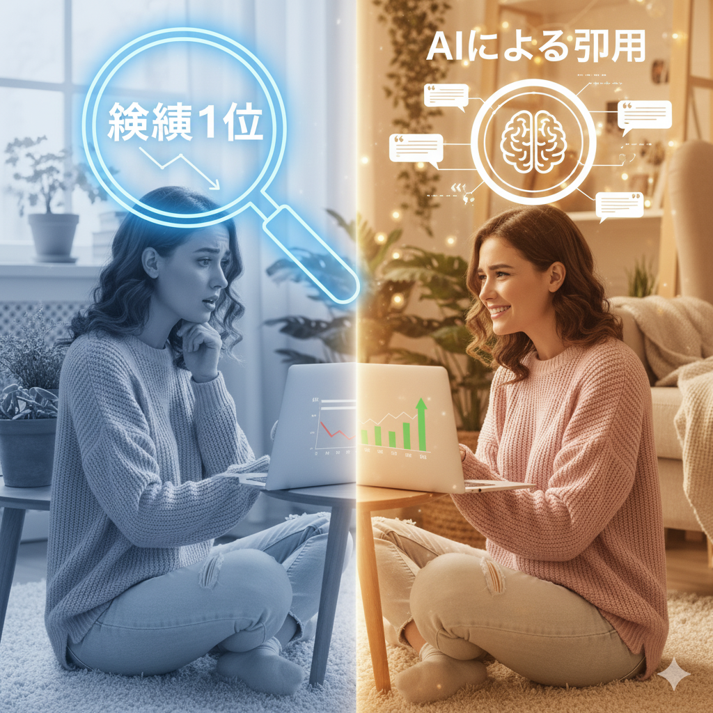 「検索1位」から「AIによる引用」への戦略目標の変更をイメージした画像