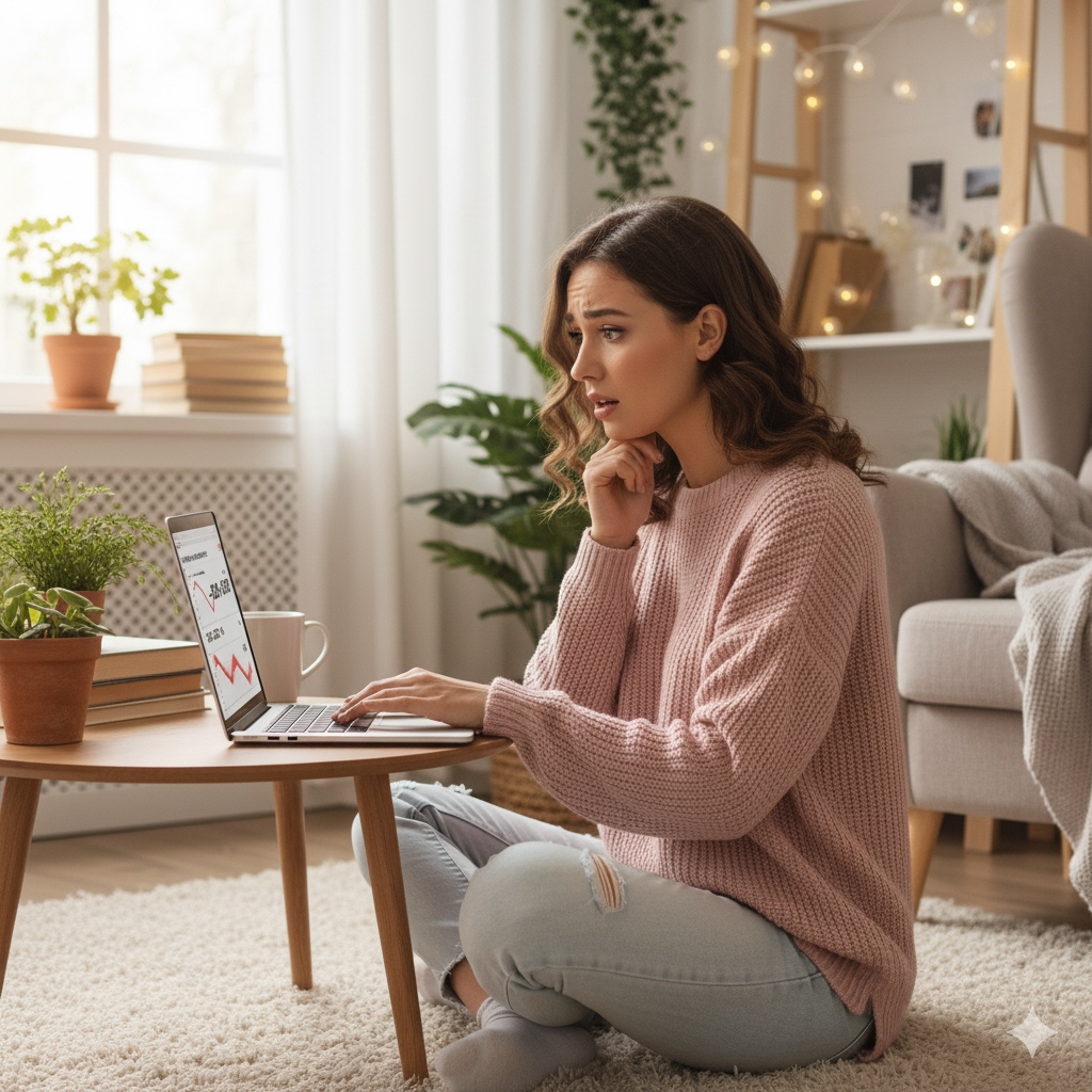ノートパソコンを見つめ、自分のブログのトラフィックの減少を見て悩んでいる女性の画像