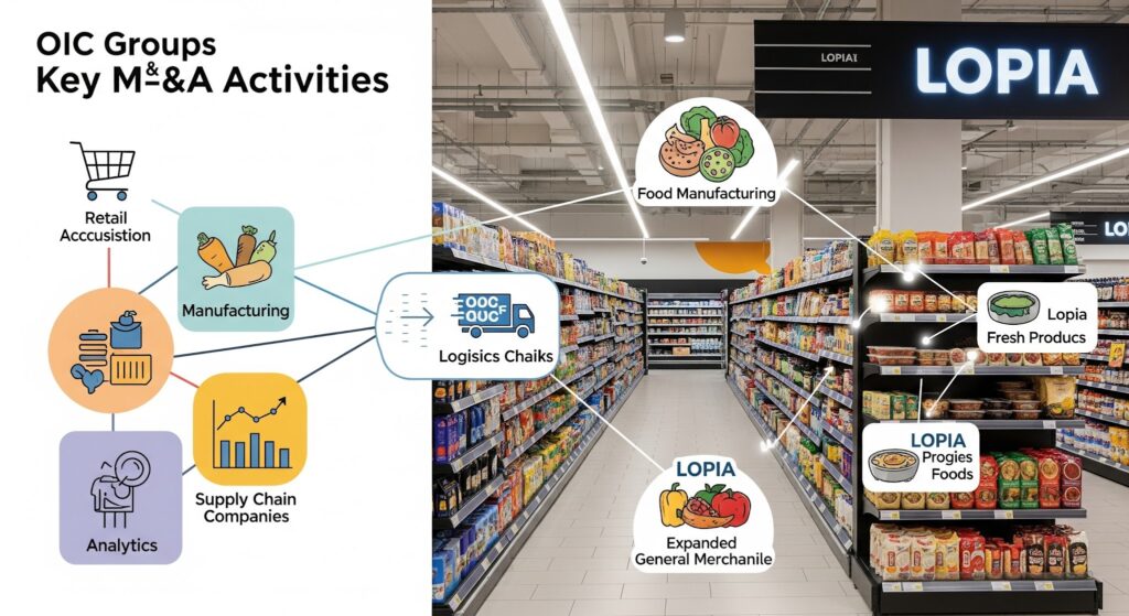 OICグループの主要M&Aとロピア店頭カテゴリーへのシナジーを表す画像、