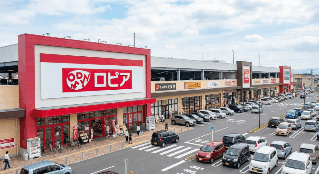 ロードサイドに出来た複合施設の中にロピアが出店したイメージ画像。