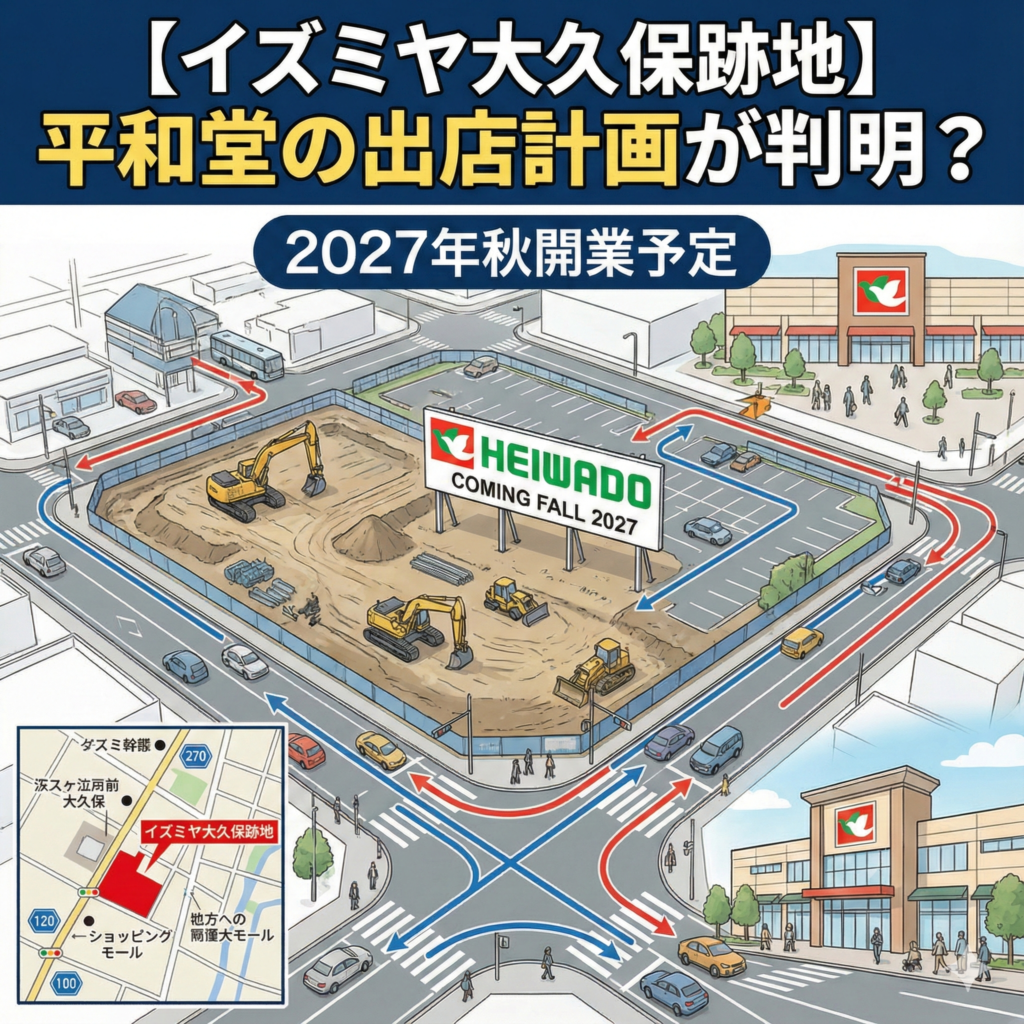 【イズミヤ大久保跡地】平和堂の出店計画と2027年秋開業予定を伝えるアイキャッチ画像。工事現場のイラストに、周辺道路の渋滞・駐車場動線を検証する赤と青の矢印、現地の位置図が描かれています。