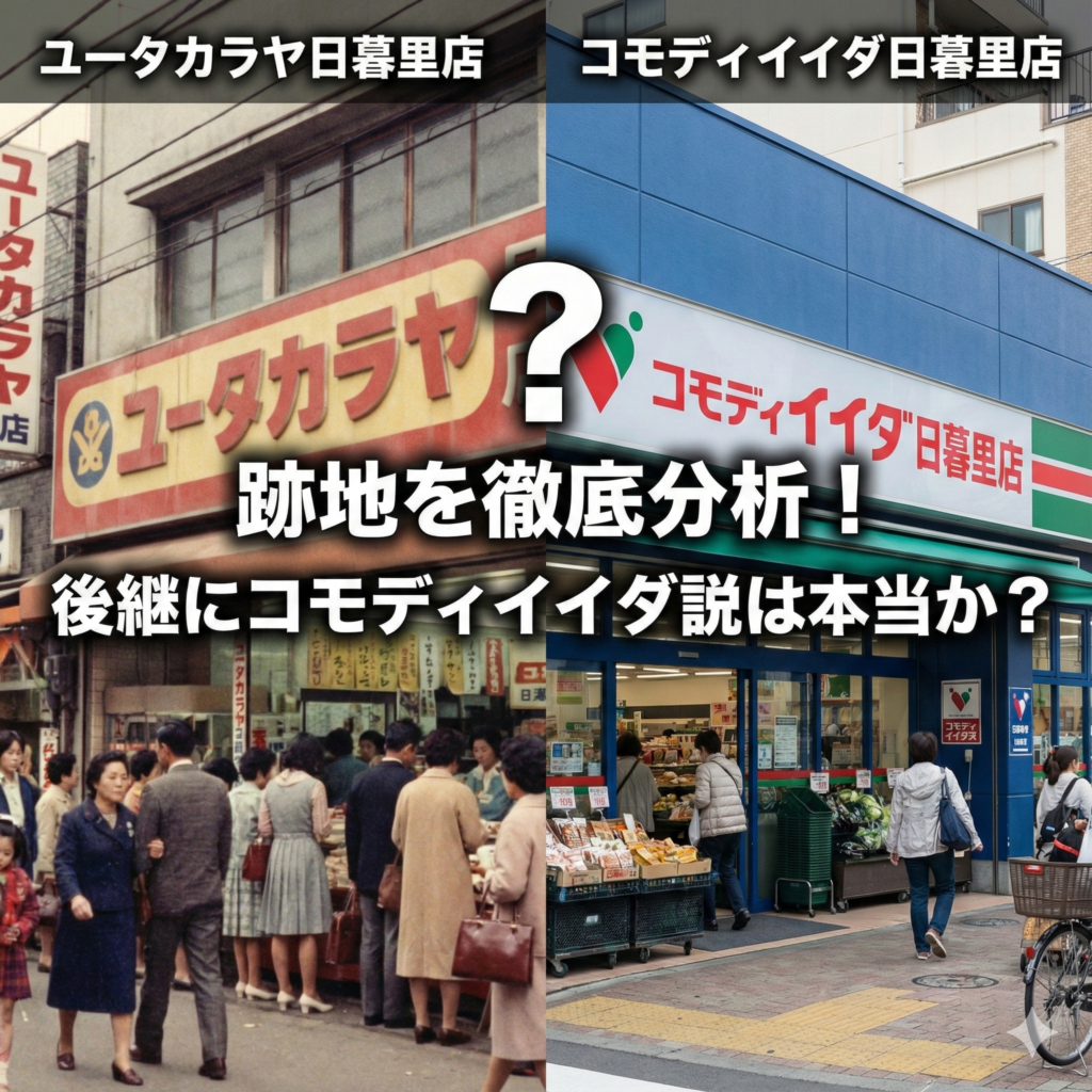 ユータカラヤ日暮里店の昔の姿と、コモディイイダ日暮里店の現在の姿を左右に比較したアイキャッチ画像。中央には大きな疑問符と共に、『跡地を徹底分析!後継にコモディイイダ説は本当か?』という記事タイトルが書かれている。