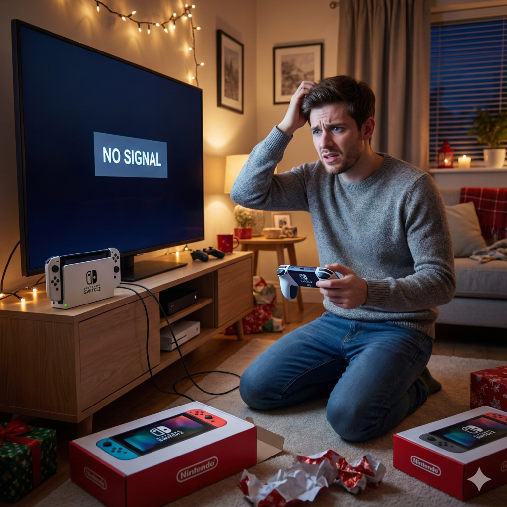 Nintendo Switch 2（次世代機）をテレビに接続しても画面が映らず、「信号なし」の表示に困るユーザーのイメージ。テレビ出力トラブルやブラックアウト現象の解説用画像。