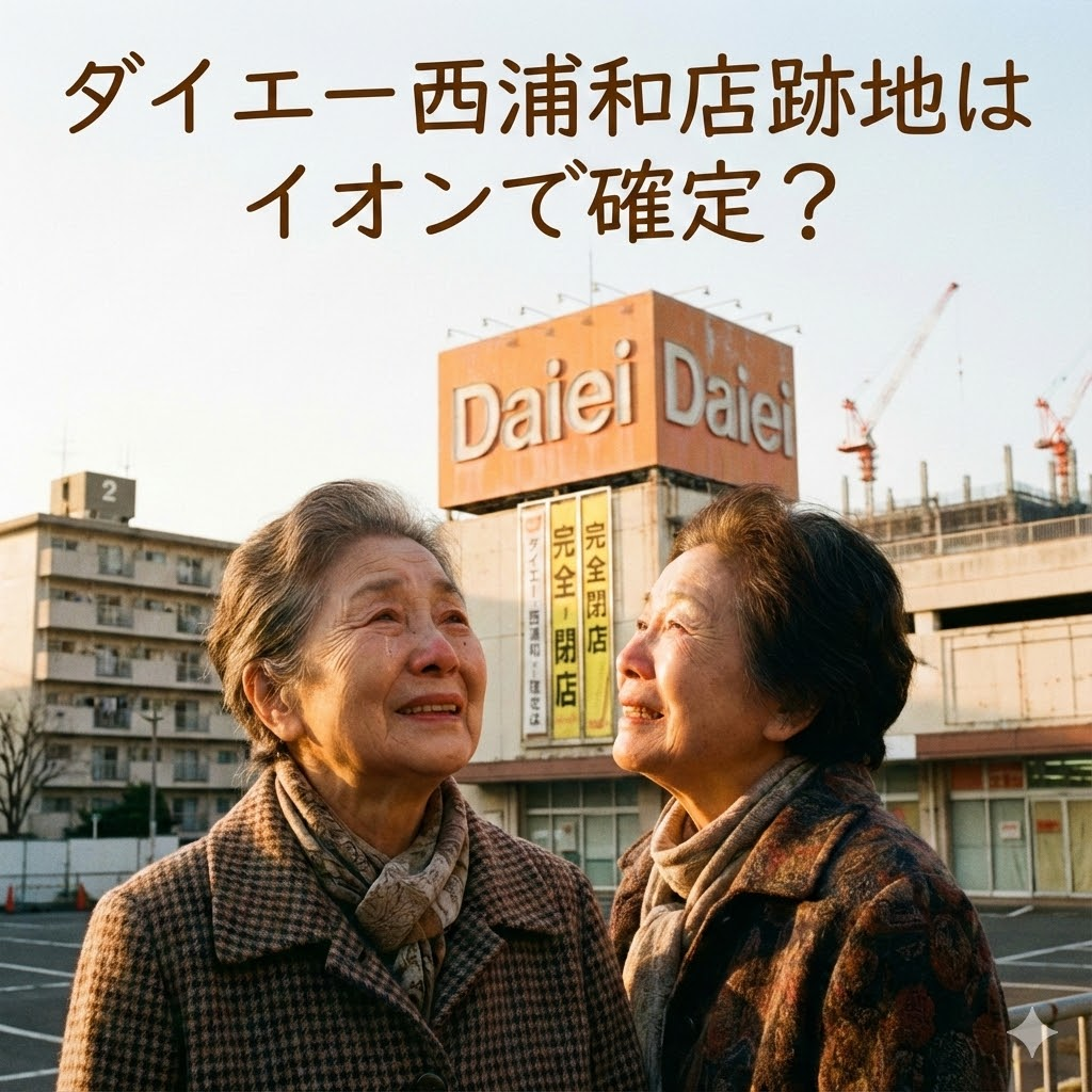 「ダイエー西浦和店跡地はイオンで確定？」という記事タイトルが上部に入ったアイキャッチ画像。閉店したダイエーのオレンジ色の看板を見上げ、涙を浮かべて「今までありがとう」と感謝を伝えているような昭和世代の二人の高齢女性の姿が、夕暮れのノスタルジックな雰囲気の中で写し出されている。背景には再開発を示唆する建設クレーンも見える。