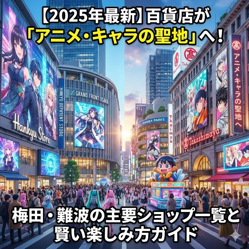 梅田と難波の百貨店や商業施設がアニメ・キャラクターの巨大な看板で彩られた、2025年の賑やかな街並みのイラスト。「【2025年最新】百貨店が『アニメ・キャラの聖地』へ！梅田・難波の主要ショップ一覧と賢い楽しみ方ガイド」というタイトルテキストが含まれています。