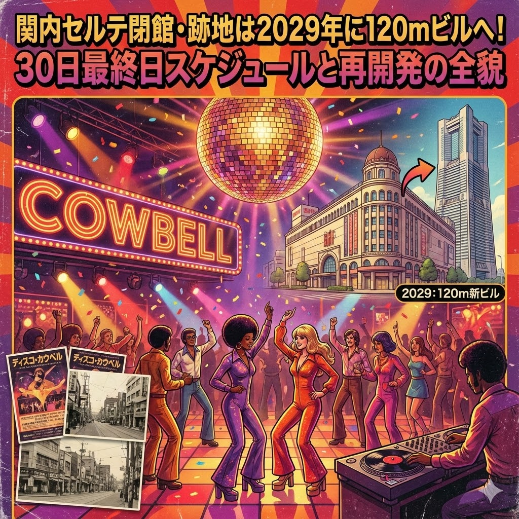 関内セルテの閉館と再開発をテーマにしたアイキャッチ画像。1970〜80年代の伝説的ディスコ「カウベル」の華やかな賑わいと、現在の建物、そして2029年に完成予定の120mの新ビルのイメージが描かれています。「関内セルテ閉館・跡地は2029年に120mビルへ！」の文字入り。