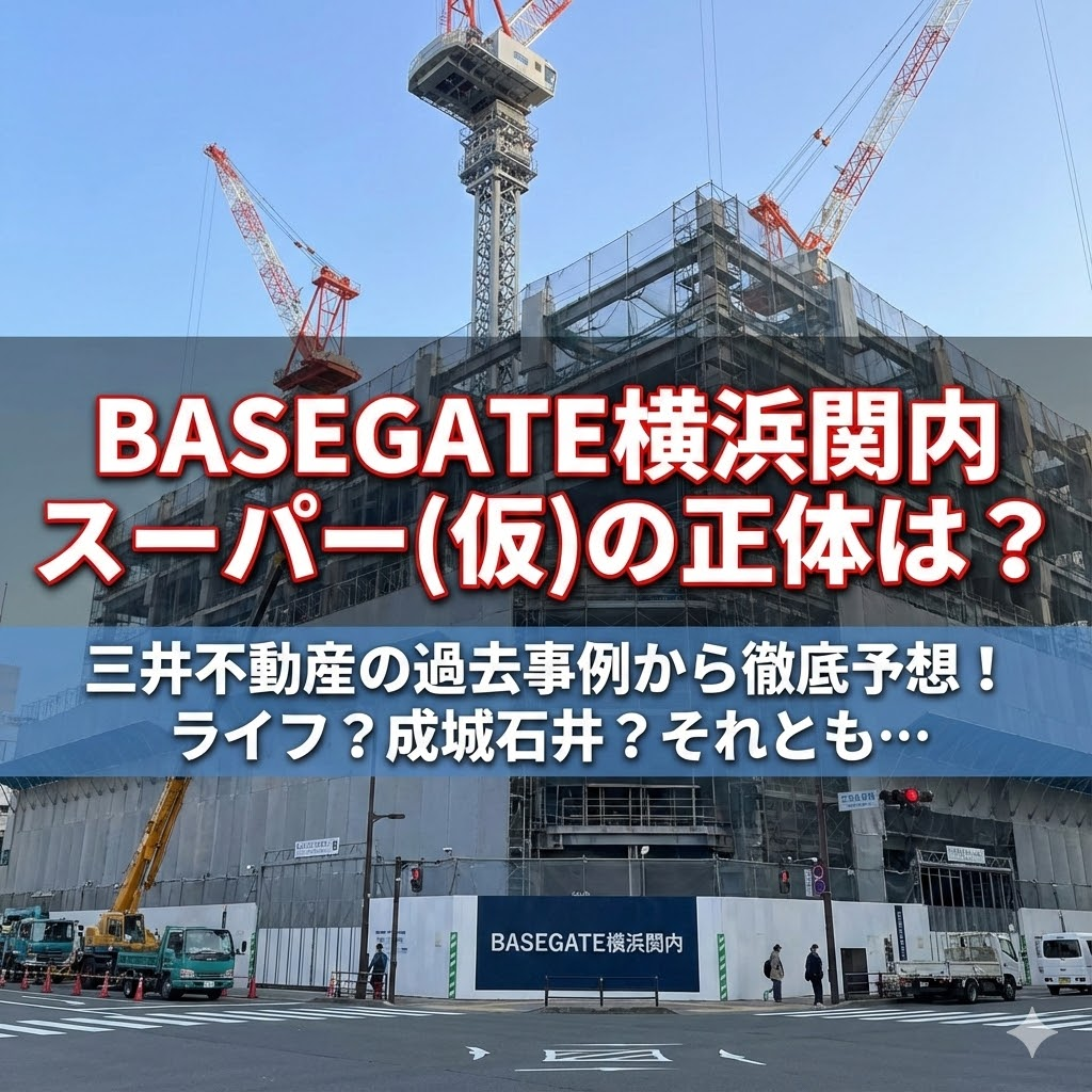 建設中の「BASEGATE横浜関内」の建物とクレーンを背景に、「BASEGATE横浜関内 スーパー(仮)の正体は？ 三井不動産の過去事例から徹底予想！ ライフ？成城石井？それとも…」という文字を配置した、ブログ記事用の正方形アイキャッチ画像。