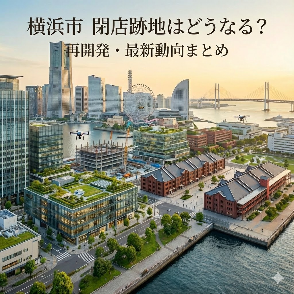 横浜市みなとみらい地区の再開発と最新動向をまとめた記事のアイキャッチ画像。夕暮れの街並み、建設現場、ドローンが写り、「横浜市 閉店跡地はどうなる？ 再開発・最新動向まとめ」というタイトルが配置されている。