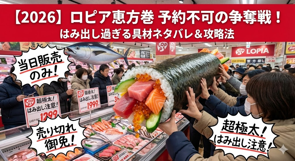 店内で、巨大な恵方巻を数人の大人が支えている面白い画像。
