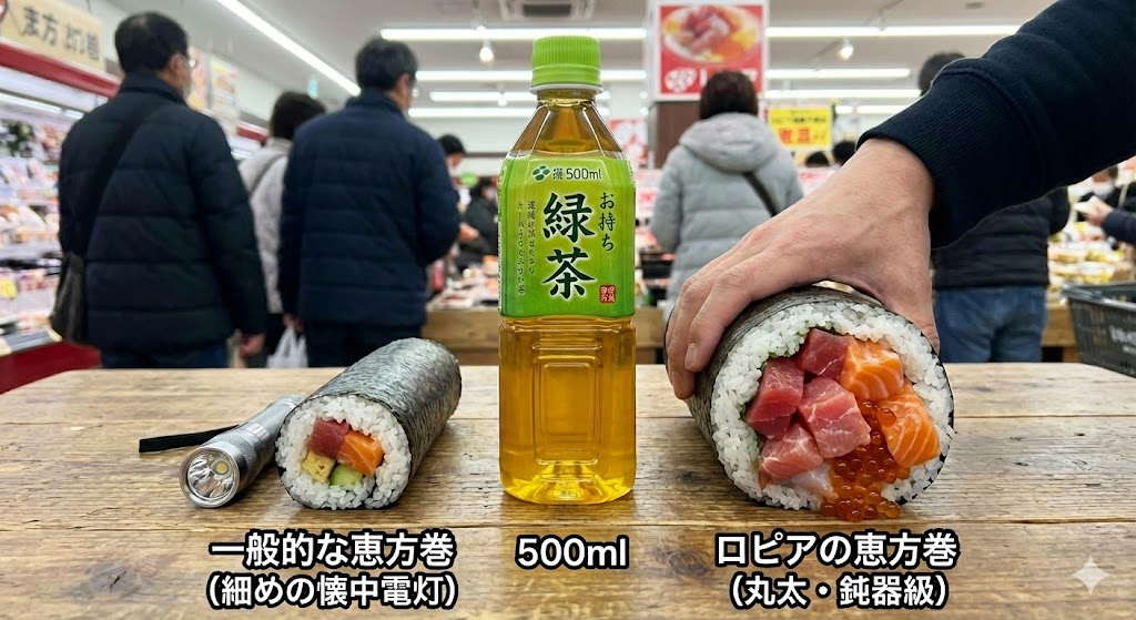 ペットボトルの太さと変わらないロピアの恵方巻。中身はほとんど具。