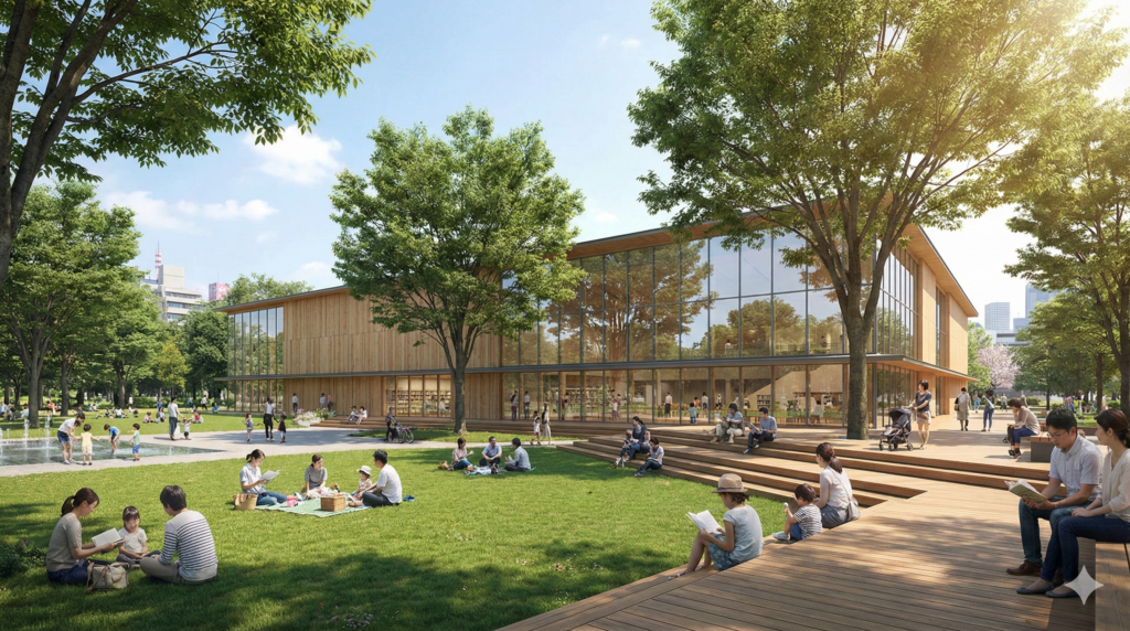 「豊島公園に図書館が整備された場合のイメージイラスト（※AIによる生成であり、実際の計画とは異なります）」