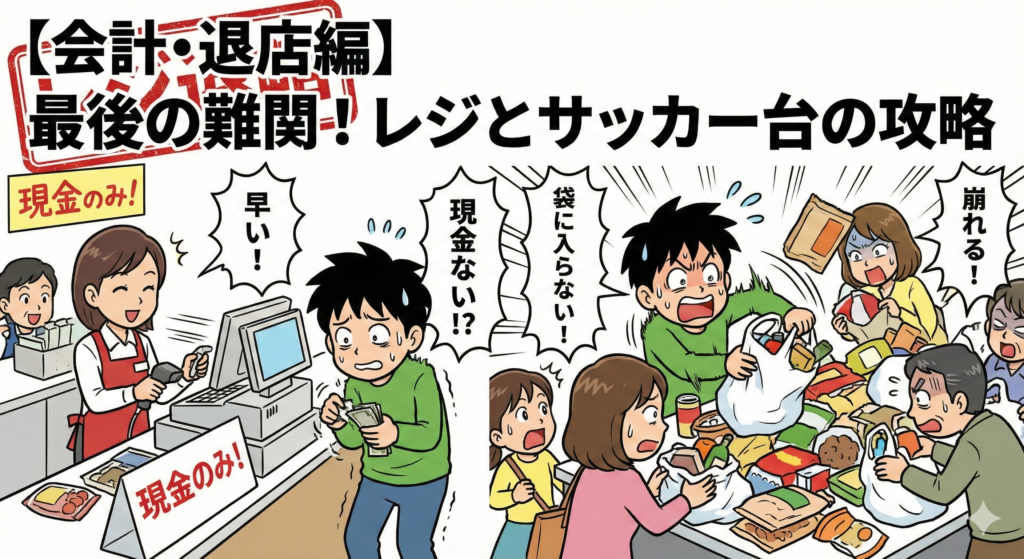 【会計・退店編】最後の難関！レジとサッカー台の攻略をイメージした画像
