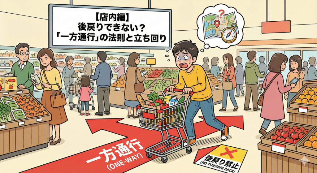 【店内編】後戻りできない？「一方通行」の法則と立ち回りをイメージした画像