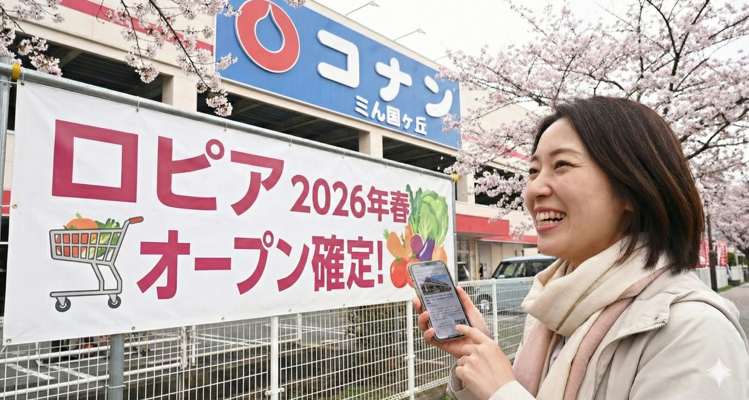 ロピア2026年春オープン確定の看板を見ながら、笑顔でスマートフォンを指差す女性。背景には桜とコーナンの店舗がある。