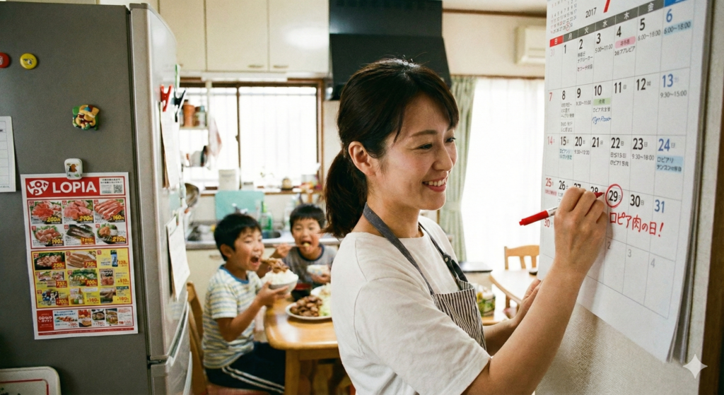 ロピアは、毎月29日に肉のセールがあるので、子育てが忙しいママがカレンダーの29日にチェックを入れている画像