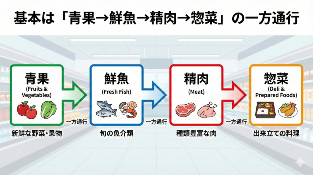 基本は「青果→鮮魚→精肉→惣菜」の一方通行を説明したスライド画像