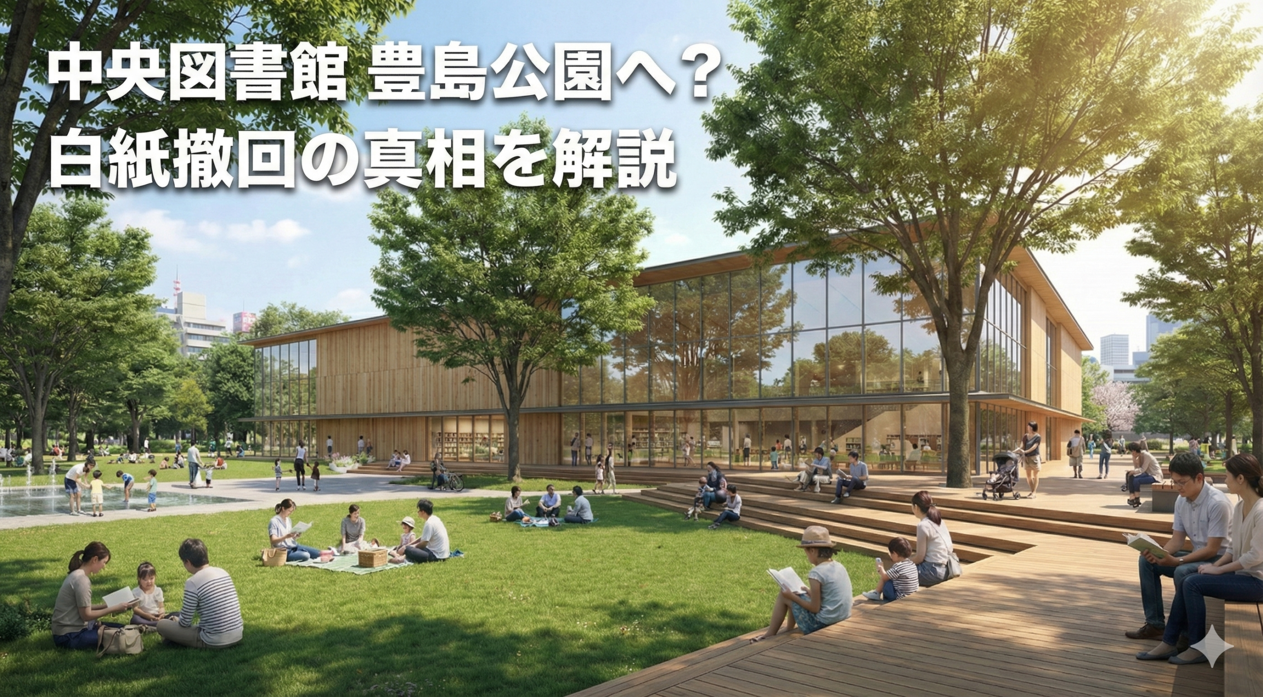 画像の上に「中央図書館 豊島公園へ？白紙撤回の真相を解説」とテキスト入りの画像