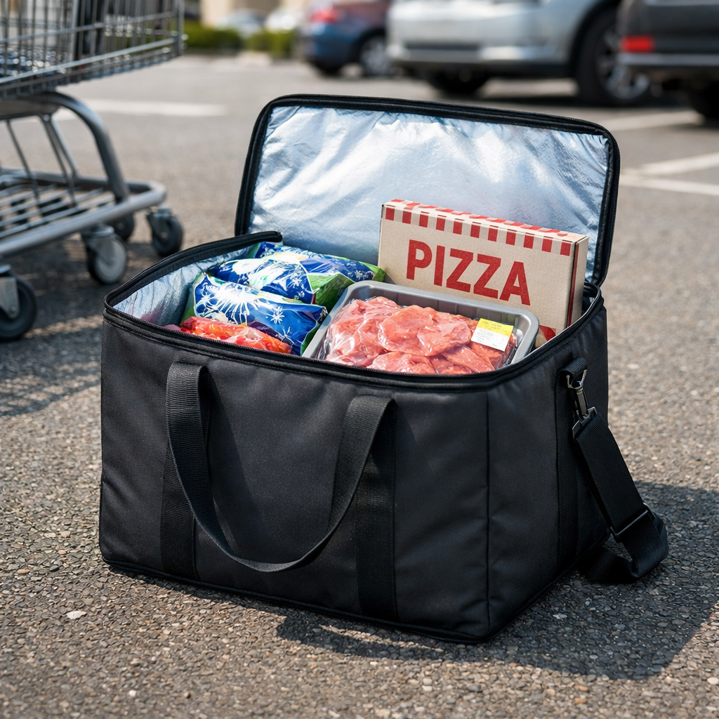 まとめ買い後の駐車場で、大容量の保冷バッグに精肉や冷凍食品が入っている様子